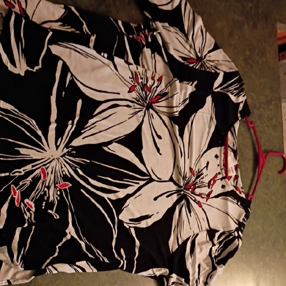 Floral Black and White Top with Red Accents